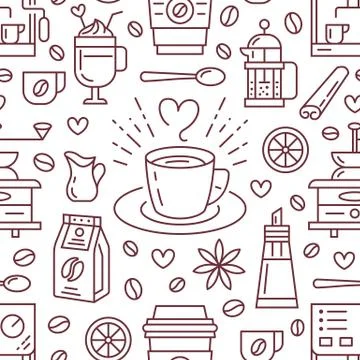 Seamless pattern of coffee, vector background. Cute beverages, hot drinks flat 스톡 일러스트