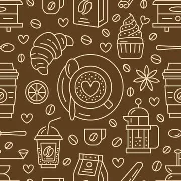 Seamless pattern of coffee, vector background. Cute beverages, hot drinks flat 스톡 일러스트
