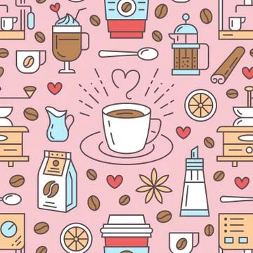 Seamless pattern of coffee, vector background. Cute beverages, hot drinks flat イラスト素材