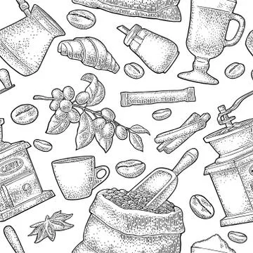 Seamless pattern coffee. Vector vintage monochrome engraving Stock Illustration