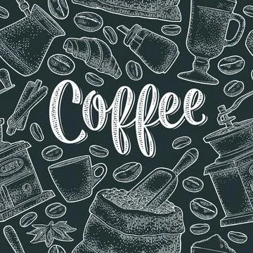 Seamless pattern coffee. Vector vintage monochrome engraving Stockillustratie