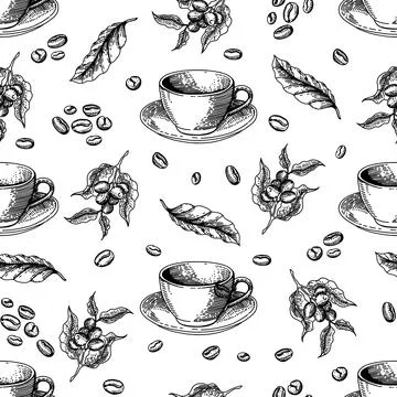 Seamless pattern with coffee. Vintage black vector hand drawn engraving illus Stock Illustration