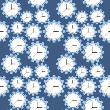 Seamless pattern. Cogwheels and clocks over blue background. Stock Illustration