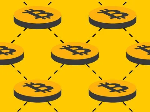 Seamless pattern with coins with Bitcoin symbol. 3D bitcoin coin in gold co.. Stock Illustration