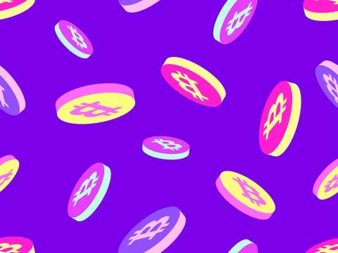 Seamless pattern with coins with Bitcoin symbol. 3D Bitcoin coin in pink, y.. イラスト素材