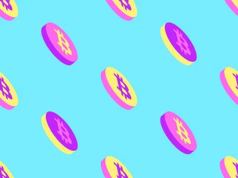 Seamless pattern with coins with Bitcoin symbol. 3D Bitcoin coin in pink, y.. Illustrazione stock
