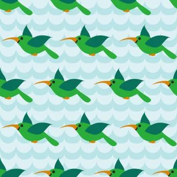 Seamless pattern with colibri on striped wave blue background Stock Illustration