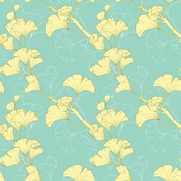 Seamless pattern, collage arrangement of hand drawn ginko leaves with outline Stock Illustration