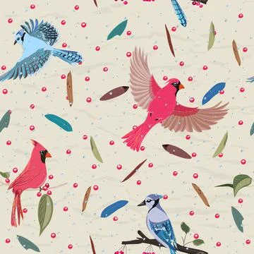 Seamless pattern from collection with blue jay and red cardinal birds. Stock Illustration