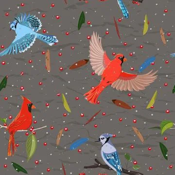 Seamless pattern from collection with blue jay and red cardinal birds. Stock Illustration