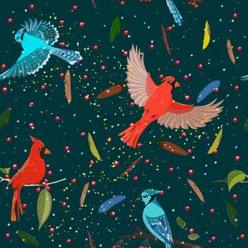 Seamless pattern from collection with blue jay and red cardinal birds. Stock Illustration