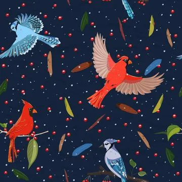 Seamless pattern from collection with blue jay and red cardinal birds. Stock Illustration