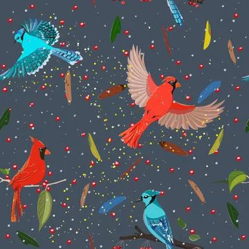 Seamless pattern from collection with blue jay and red cardinal birds. Stock Illustration