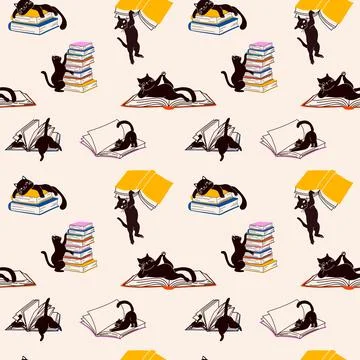 Seamless Pattern with Collection of Cats and Books in Fun Poses Illustrazione stock