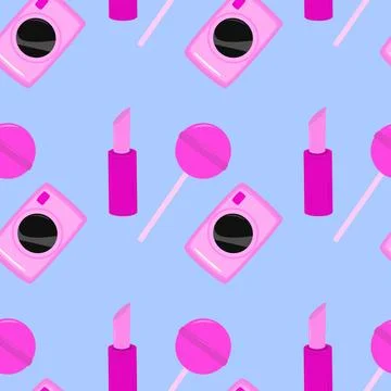 Seamless pattern with Collection of colorful 90s style lipstick, camera, lolly Stock Illustration