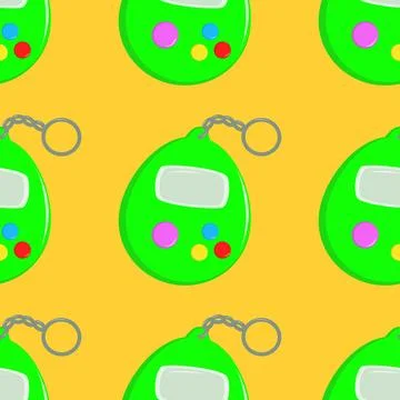 Seamless pattern with Collection of colorful 90s style tamagochi, gameboy from Stock Illustration