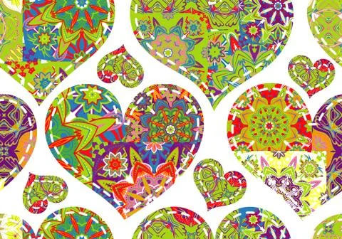 Seamless pattern with collection colorful blue red green hearts in vintage Stockillustratie