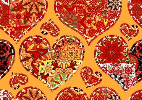 Seamless pattern with collection colorful red  hearts in vintage patchwork style Illustrazione stock