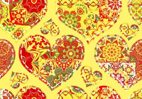 Seamless pattern with collection colorful red green hearts in vintage patchwork Stock Illustration