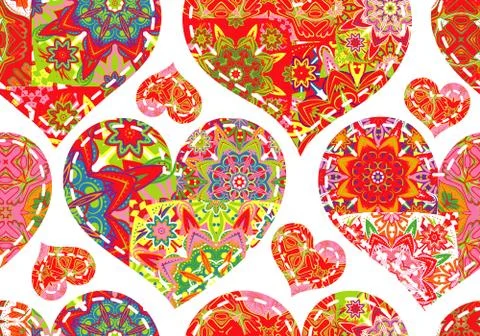 Seamless pattern with collection colorful red green hearts in vintage patchwork Stock Illustration