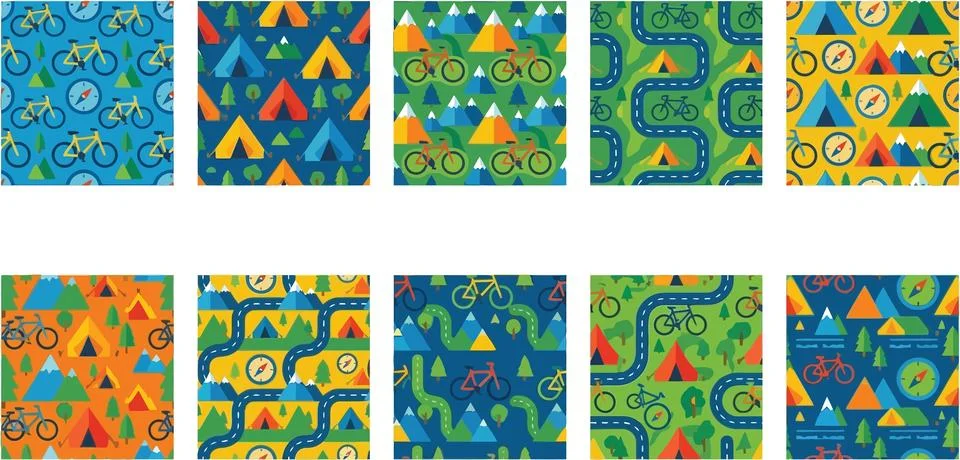 Seamless pattern collection with cycling camping and mountain outdoor adven.. Stock Illustration