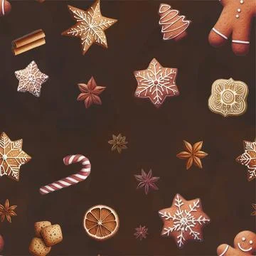 Seamless pattern Collection of different gingerbread cookies inon the dark Stock Illustration