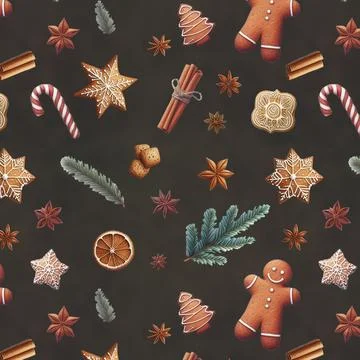 Seamless pattern Collection of different gingerbread cookies on the dark Stock Illustration