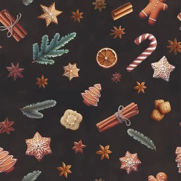 Seamless pattern Collection of different gingerbread cookies on the dark Stock Illustration