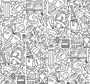 Seamless pattern with collection of doodle-style childish hobbies illustrations イラスト素材