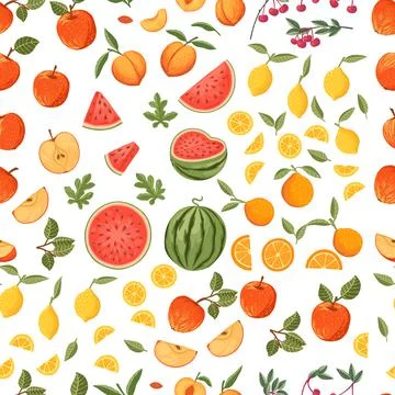 Seamless pattern collection of fresh raw fruits apple watermelon orange lemon Stock Illustration