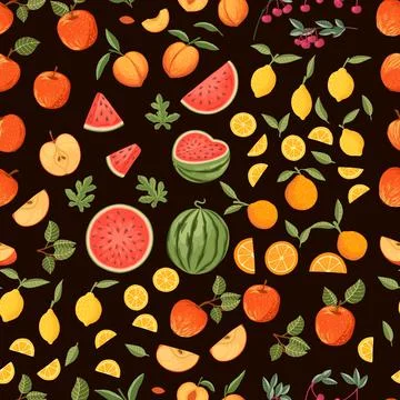 Seamless pattern collection of fresh raw fruits apple watermelon orange lemon Illustrazione stock