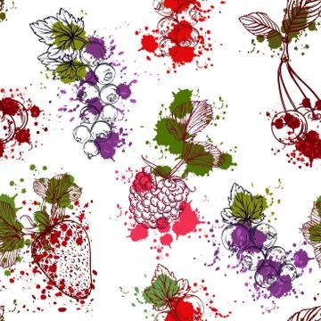 Seamless pattern with collection of fruits and berries in watercolor style Stock Illustration