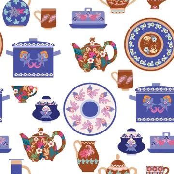 Seamless pattern of collection handmade ceramics elements on shelves Stockillustratie