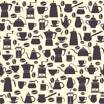 Seamless pattern collection icons Coffee Pots with Cups, coffee mill, turkish Stock Illustration