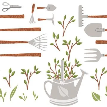 Seamless pattern collection of items for gardening various gardening tools Stock Illustration