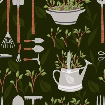 Seamless pattern collection of items for gardening various gardening tools Stock Illustration