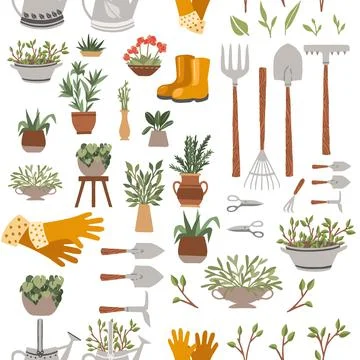Seamless pattern collection of items for gardening various gardening tools Stock Illustration