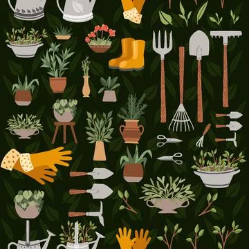 Seamless pattern collection of items for gardening various gardening tools Stock Illustration