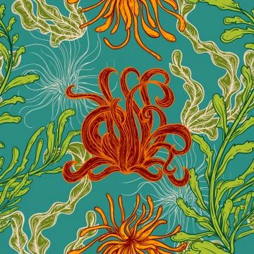 Seamless pattern with collection of marine plants, leaves and seaweed Stock Illustration