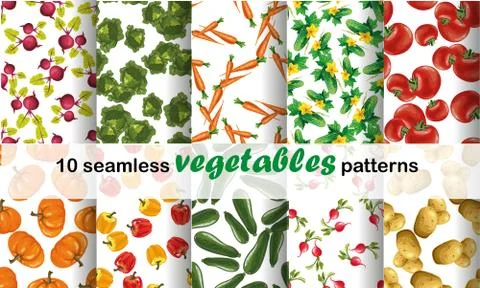 Seamless pattern collection set with colored vegetables. Vector illustration for Illustrazione stock