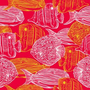 Seamless pattern with collection of tropical fish. Illustrazione stock