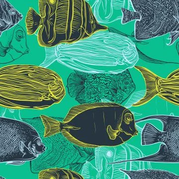 Seamless pattern with collection of tropical fish. Stock Illustration