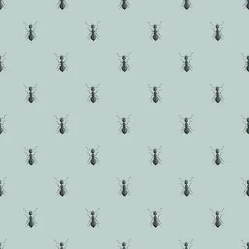 Seamless pattern colony ants on dark mint background. Vector insects template Stock Illustration