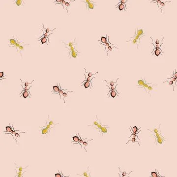 Seamless pattern colony ants on pastel pink background. Vector insects templa Stock Illustration
