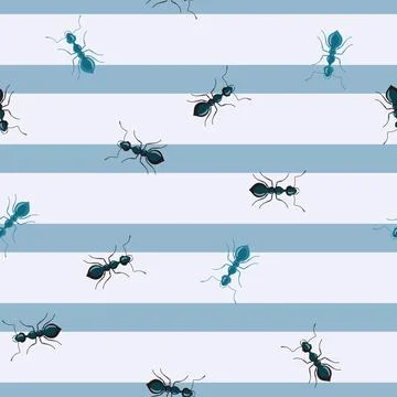 Seamless pattern colony ants on striped blue background. Vector insects templ Illustration