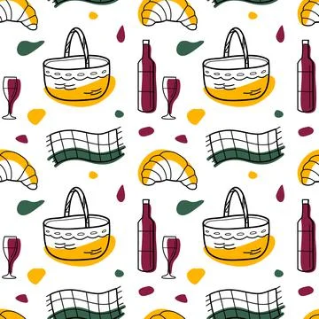 Seamless pattern color and contour drawings of picnic elements Stock Illustration