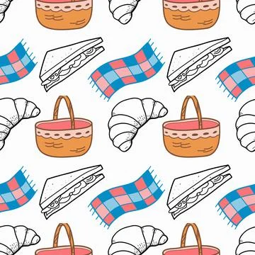 Seamless pattern color and contour drawings of picnic elements Stock Illustration