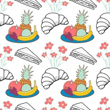 Seamless pattern color and contour drawings of picnic elements Stock Illustration