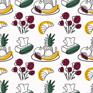 Seamless pattern color and contour drawings of picnic elements Stock Illustration