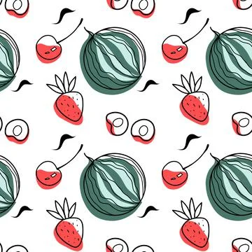 Seamless pattern color and contour drawings of of summer sweets Stock Illustration